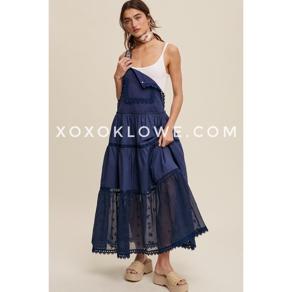 Listicle Navy Blue Lace + Embroidered Tiered Overall Dress | Trails End Skirtall - Picture 9 of 12